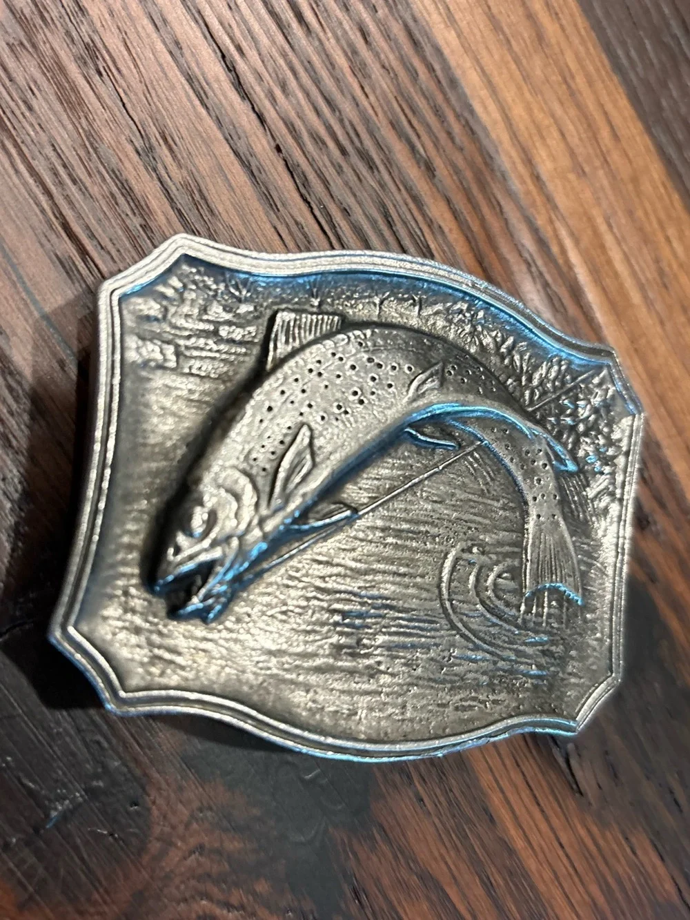 Vintage Jumping Trout Fisherman Belt Buckle, Artist James Lind, Wyoming Studios